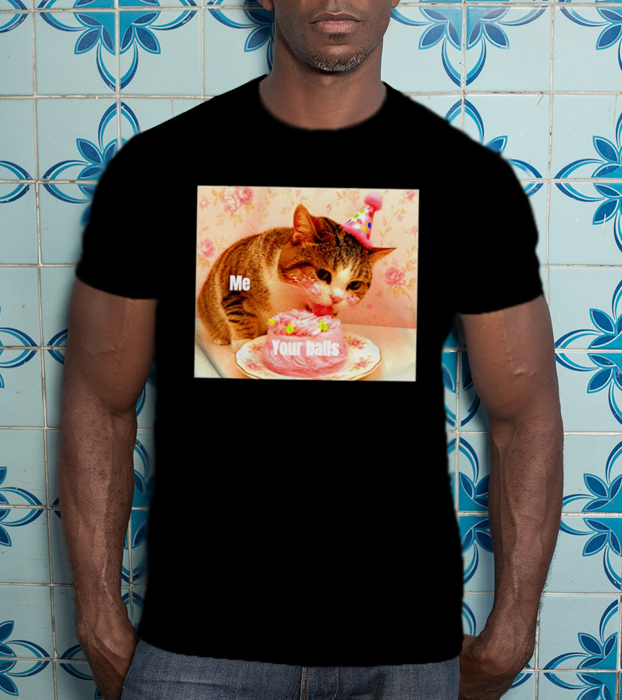 Me Your Balls Cat Eating Cake Party Hat T-Shirt