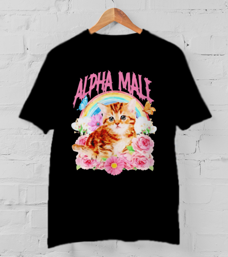 Alpha Male Kitten Rainbow Butterfly Floral Roses T-Shirt