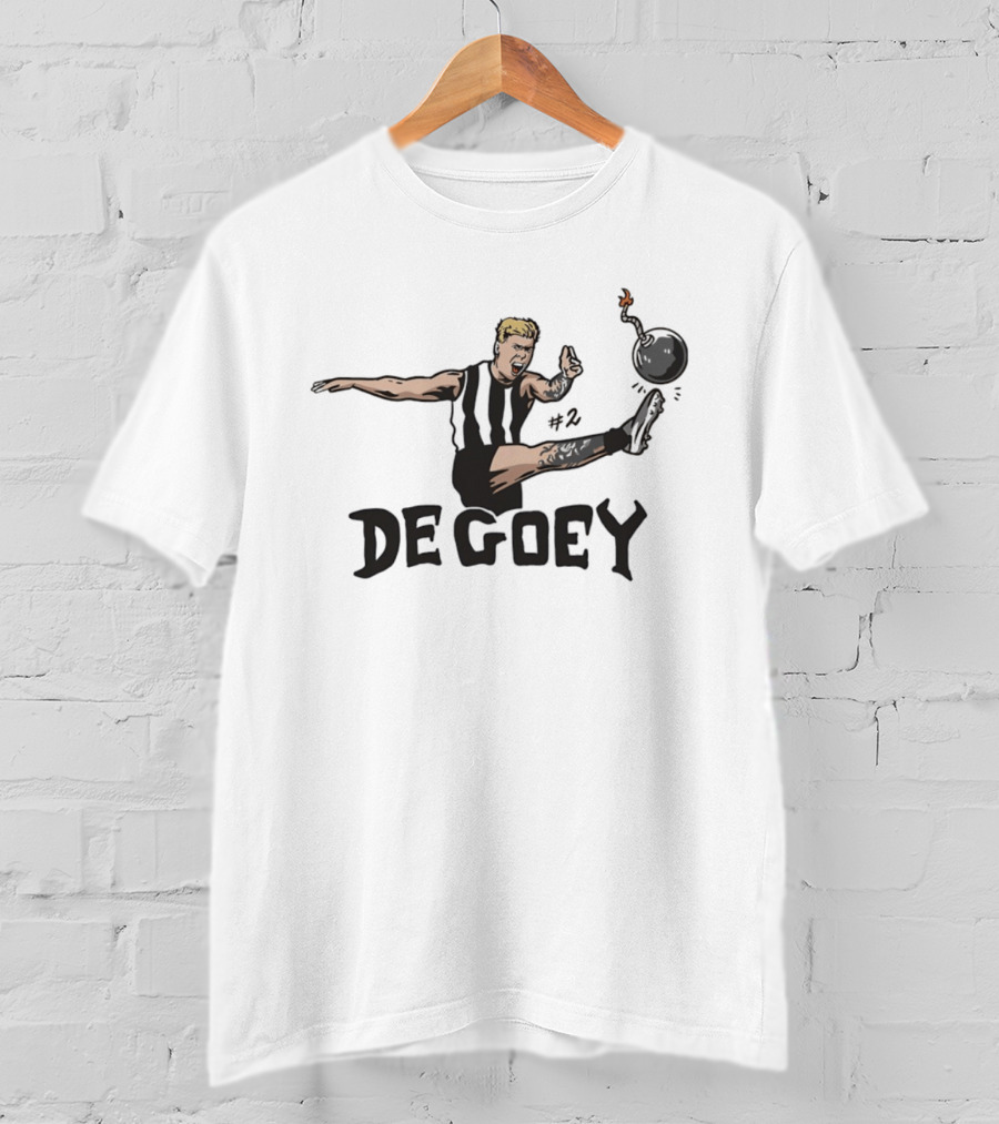 Jordan De Goey Number 2 Kicking Bomb Collingwood Magpies T-Shirt