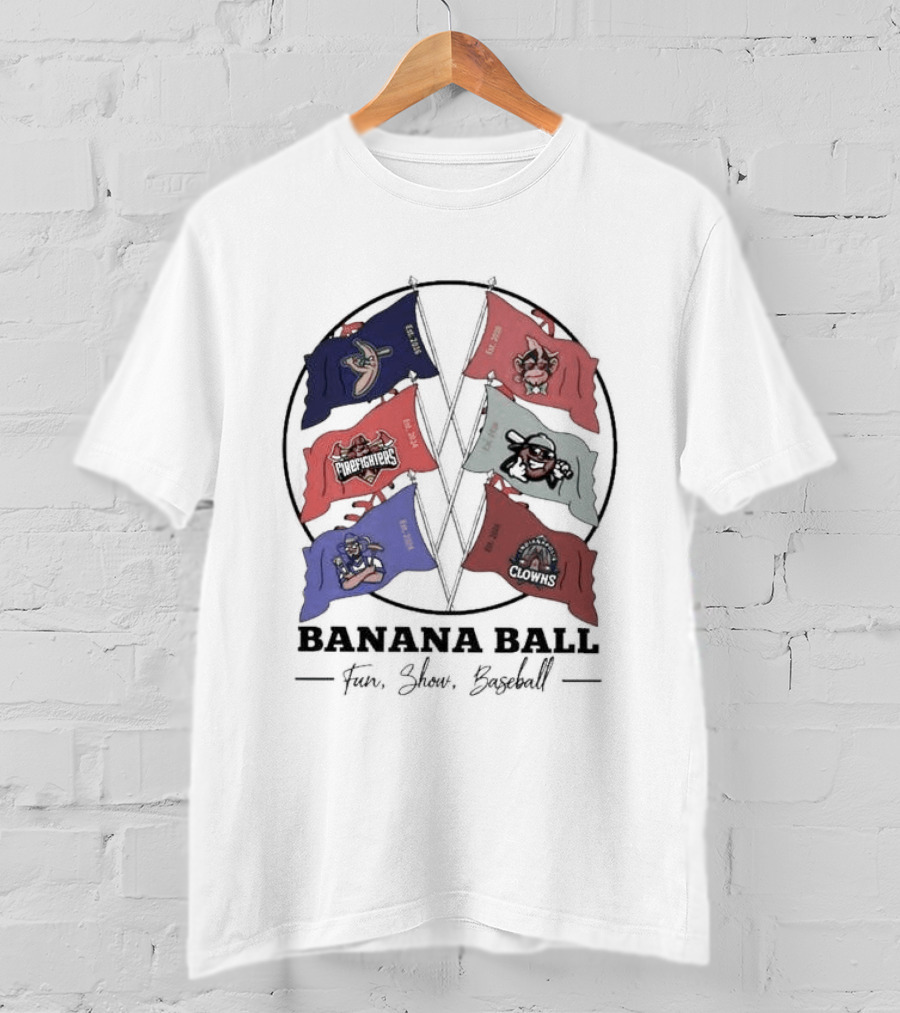 Banana Ball Fun Show Baseball Red And Blue Flags 2026 T-Shirt