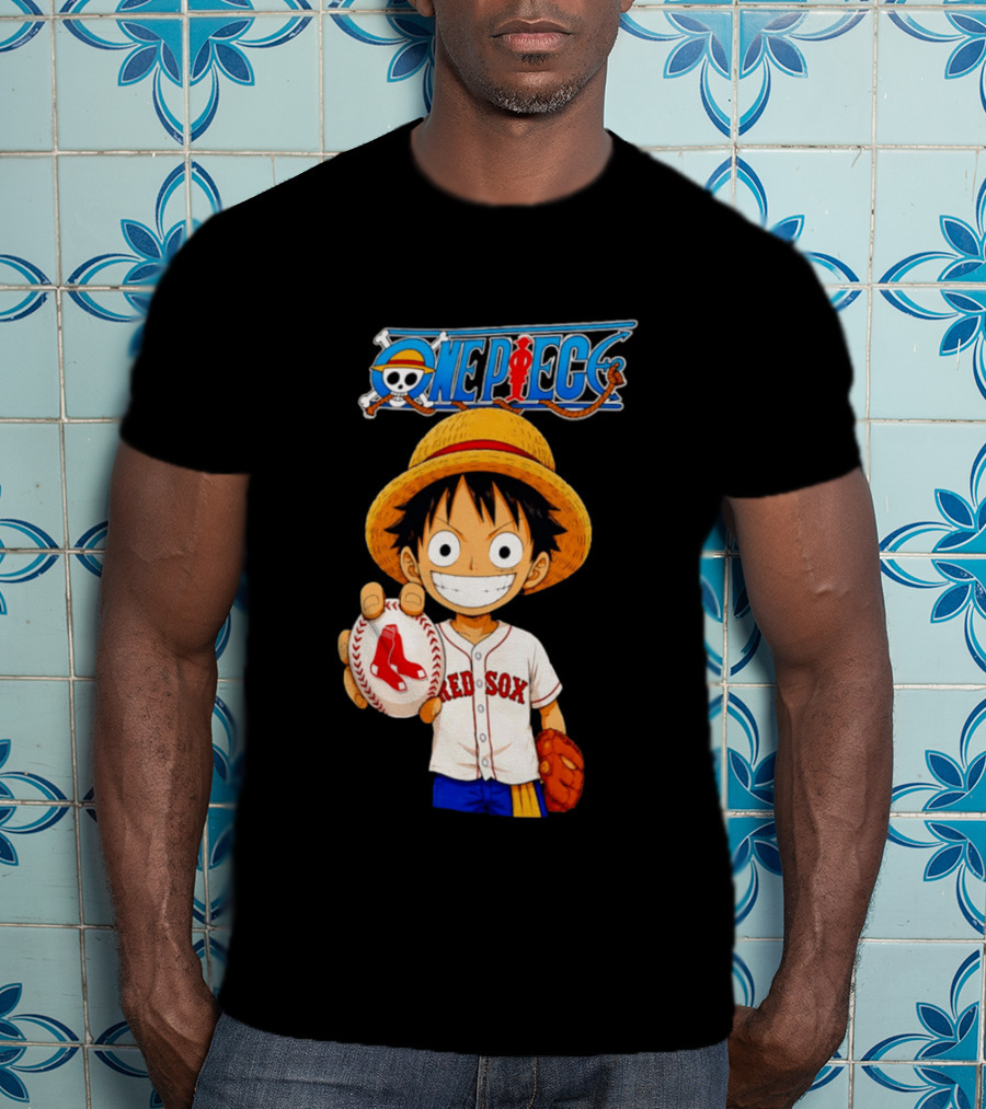 Monkey D. Luffy Red Sox One Piece Crossover Boston Baseball Collaboration T-Shirt