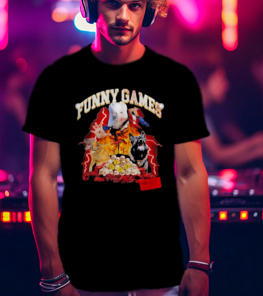 Funny Games Dog Skull Pile Fire Chaos T-Shirt