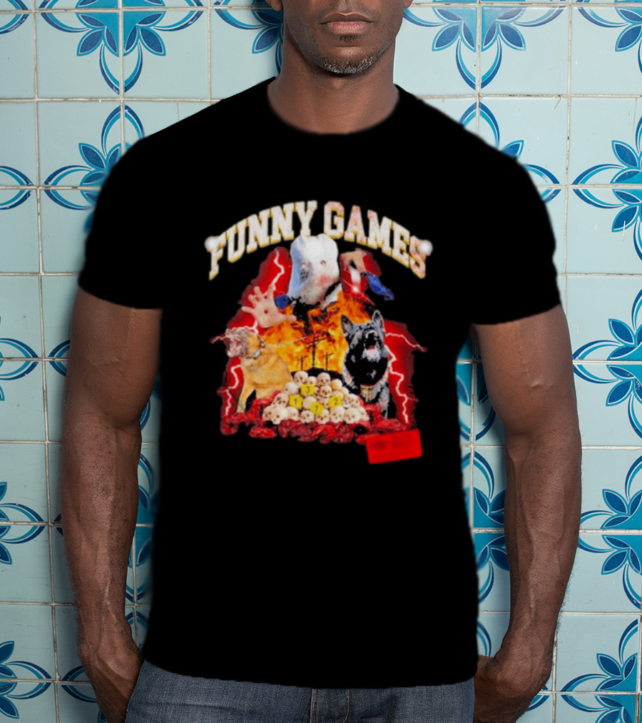 Funny Games Dog Skull Pile Fire Chaos T-Shirt