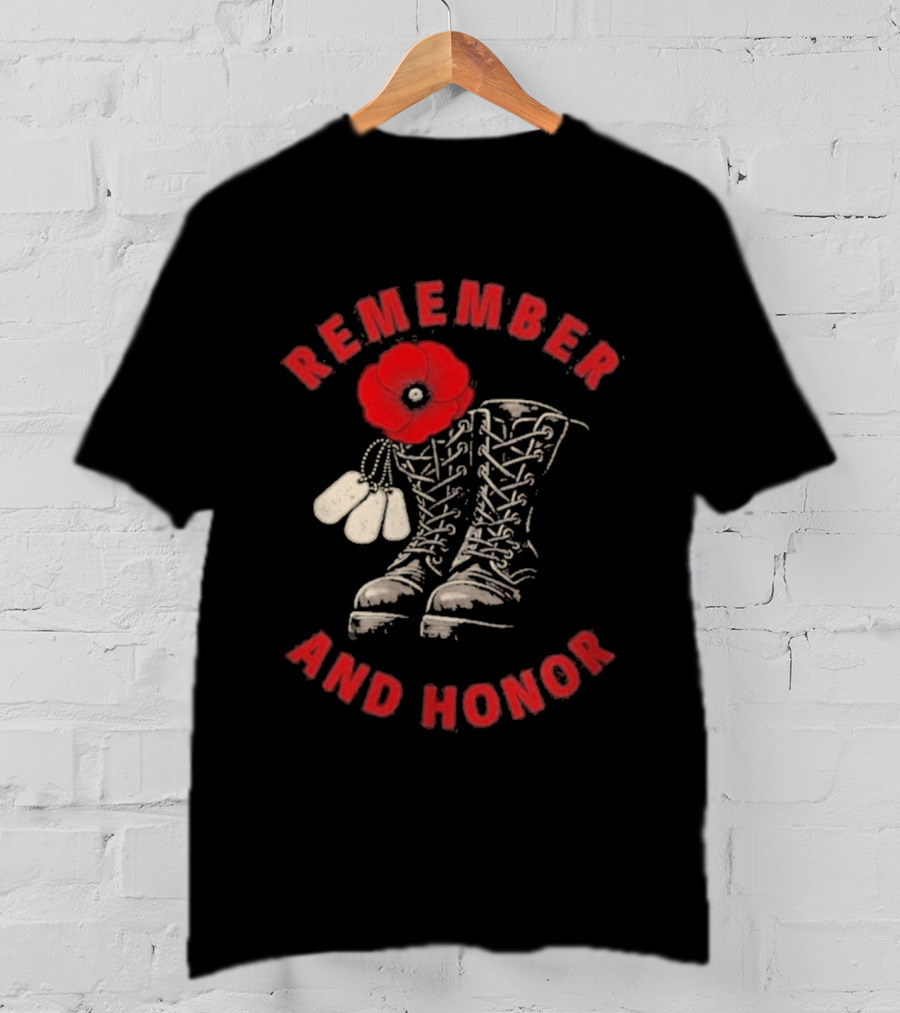 Memorial Day Remember And Honor Poppy Flower Military Boots T-Shirt