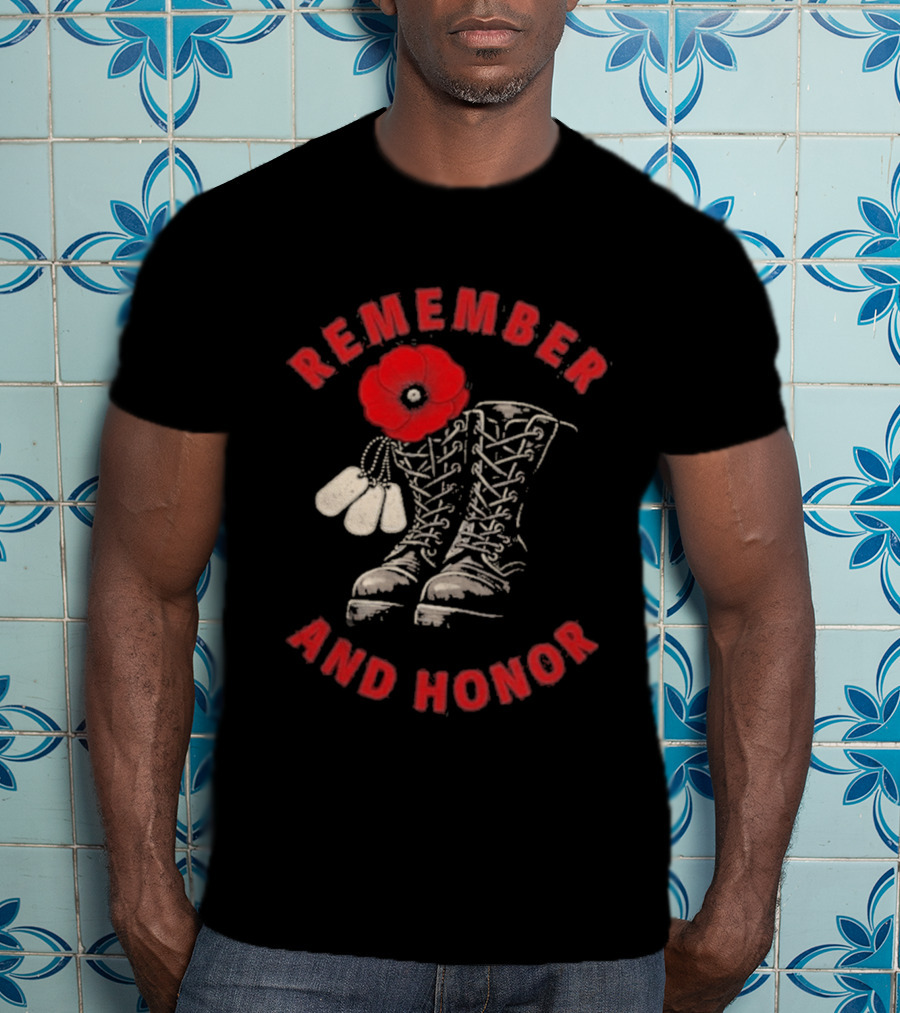 Memorial Day Remember And Honor Poppy Flower Military Boots T-Shirt