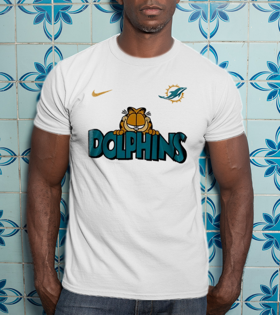 Nike Miami Dolphins Garfield Orange Cat çizim T-Shirt