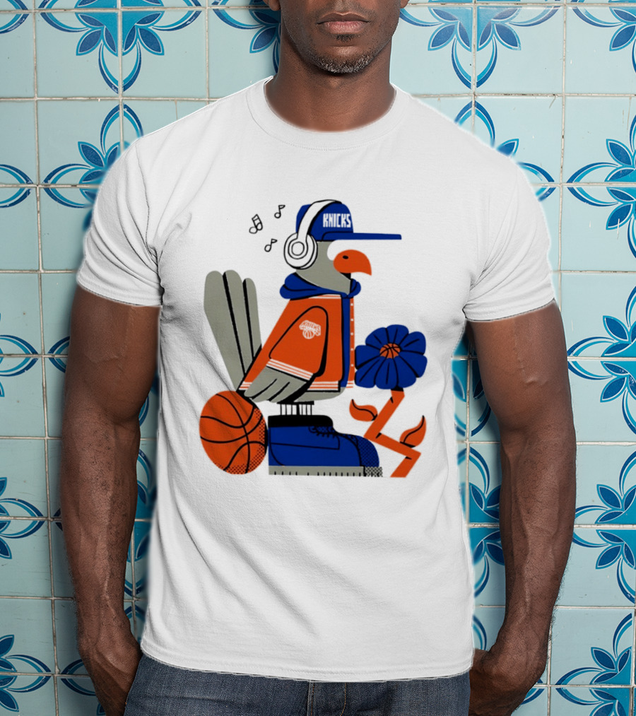 New York Knicks Bird Cap Headphones Basketball Flower T-Shirt