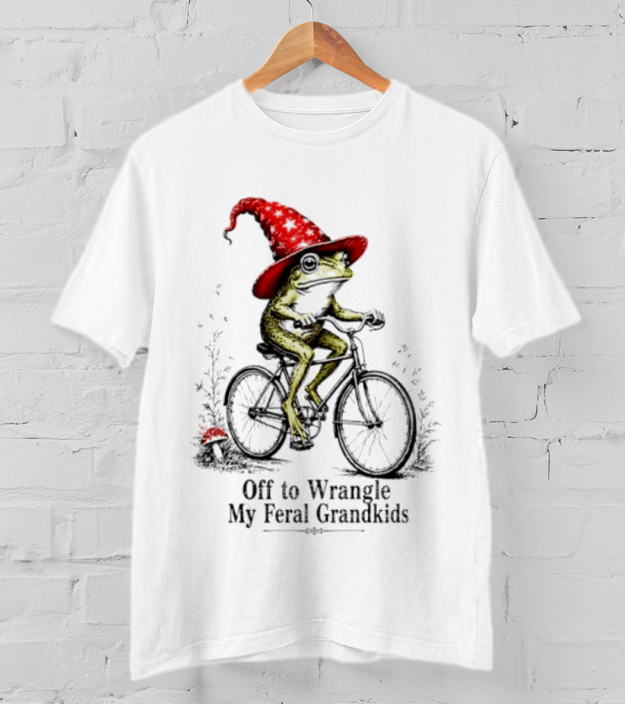 Off To Wrangle My Feral Grandkids Wizard Frog On Bicycle With Red Hat T-Shirt