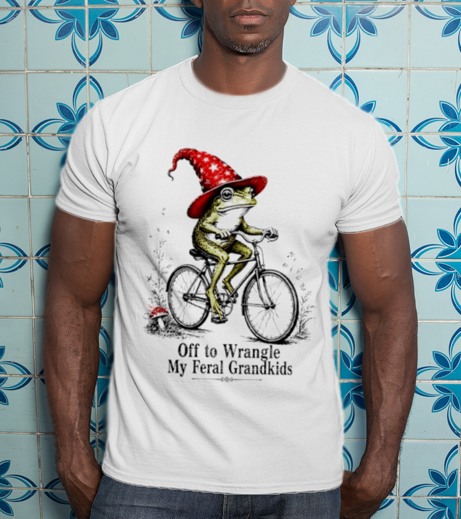 Off To Wrangle My Feral Grandkids Wizard Frog On Bicycle With Red Hat T-Shirt