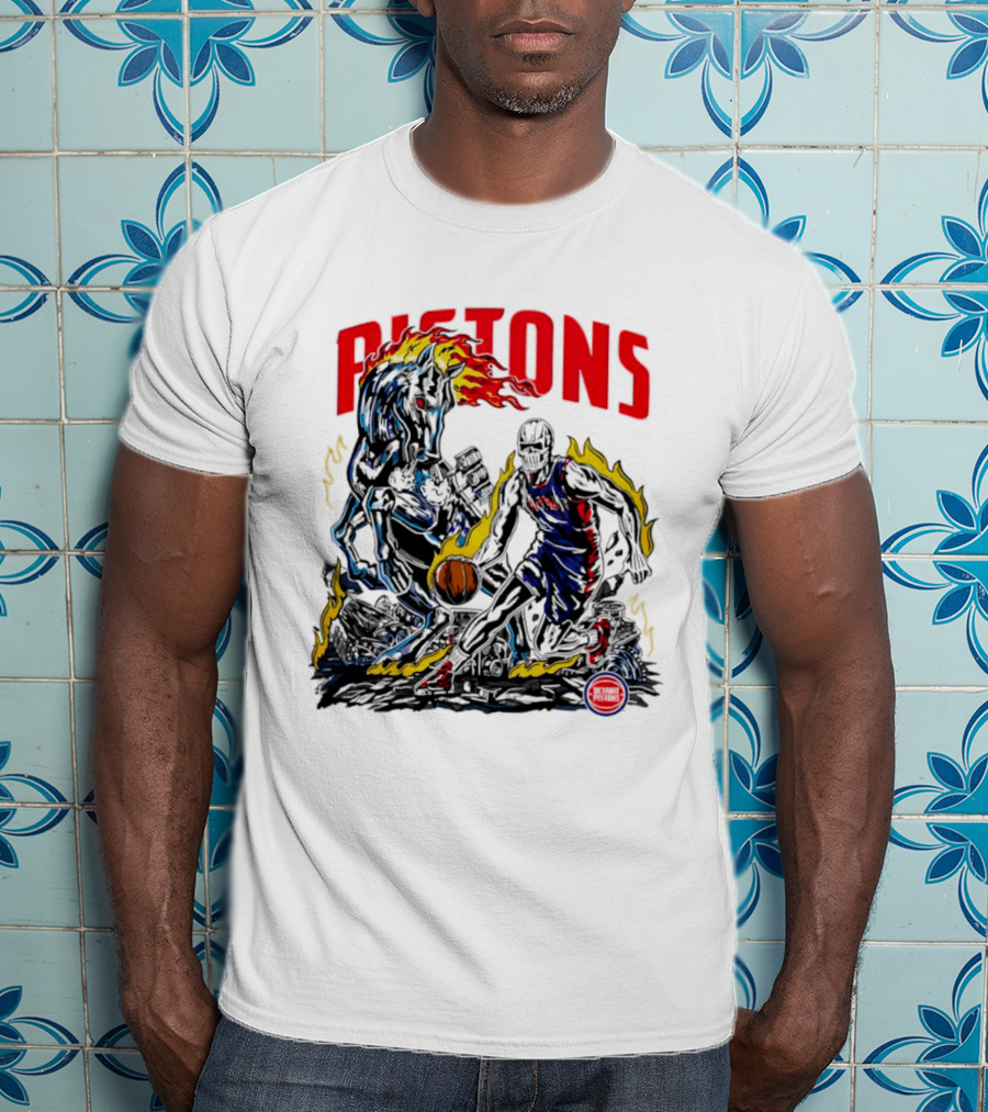 Detroit Pistons Skull Basketball Horse Flames Robot T-Shirt