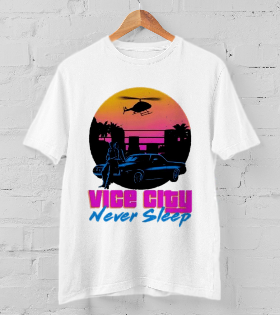 Vice City Never Sleep 80s Sunset Car Helicopter T-Shirt