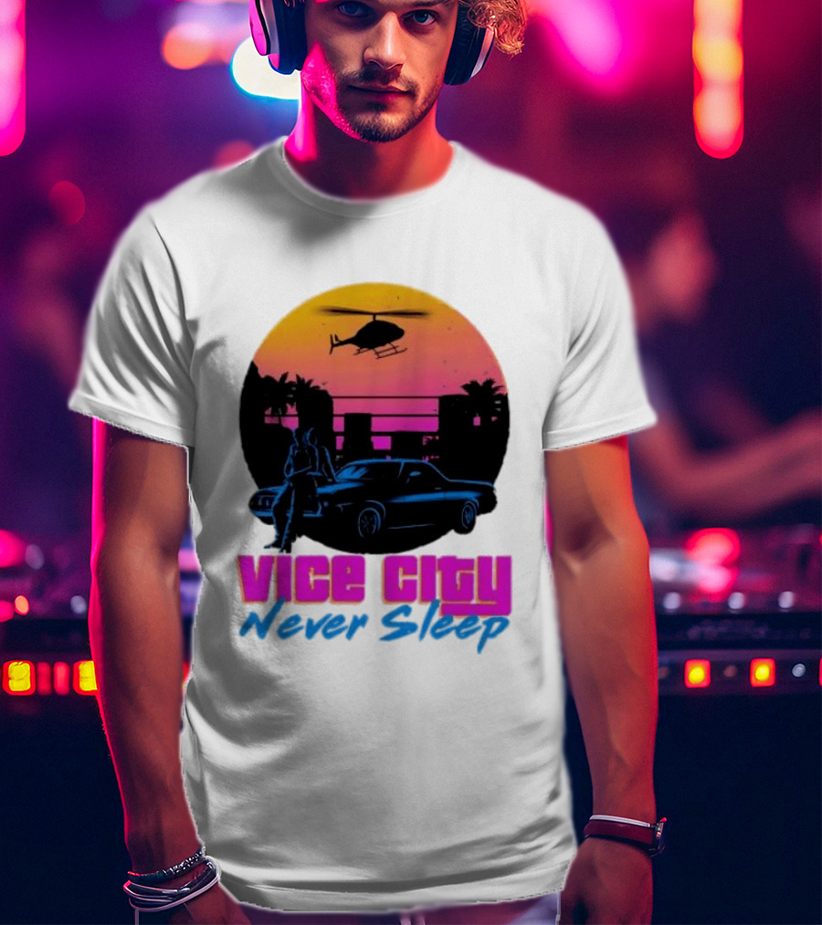 Vice City Never Sleep 80s Sunset Car Helicopter T-Shirt
