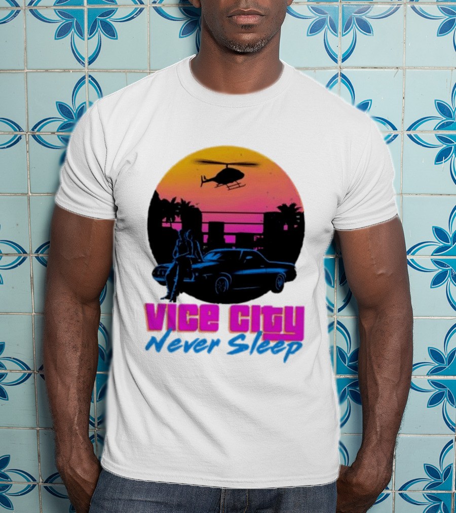 Vice City Never Sleep 80s Sunset Car Helicopter T-Shirt