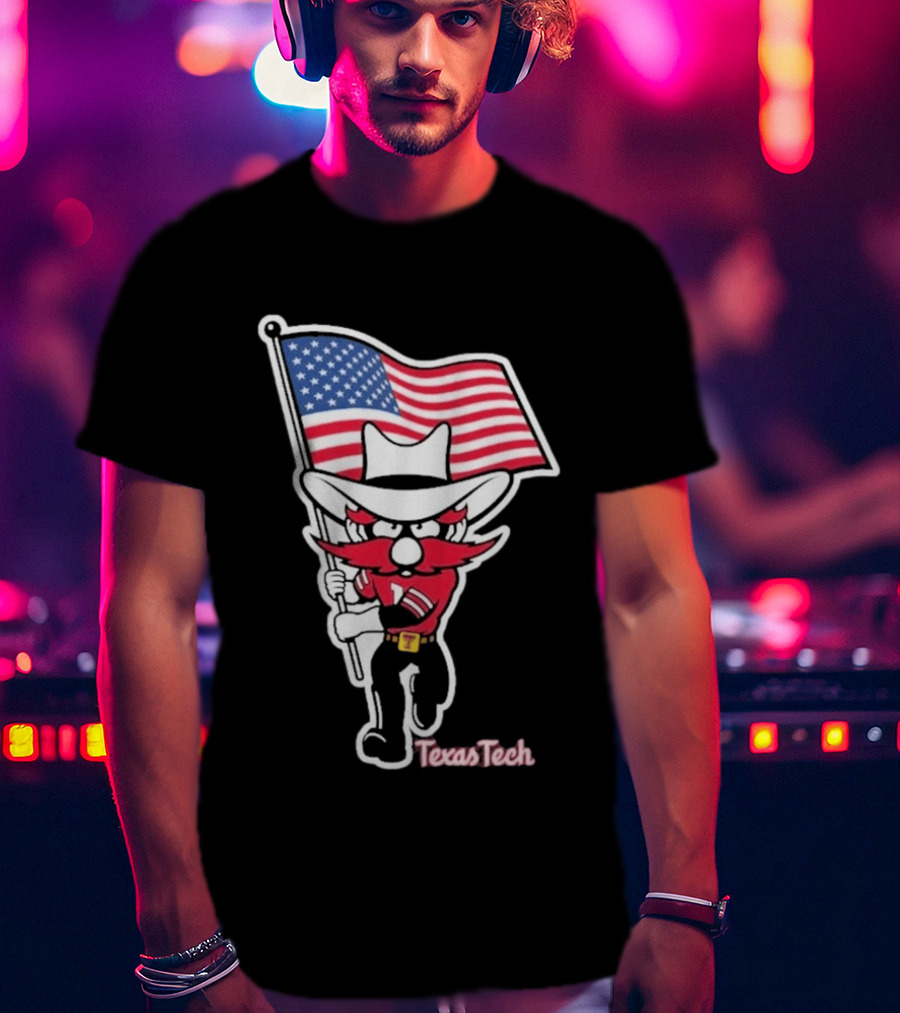 Texas Tech Red Raider Holding American Flag Sticker T-Shirt