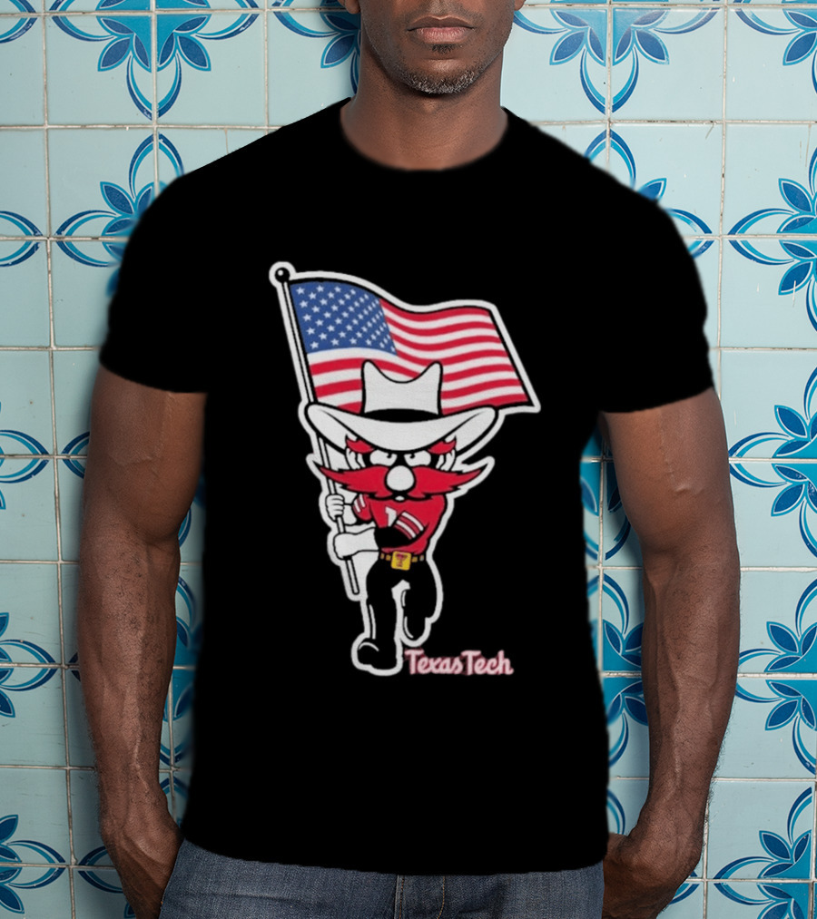 Texas Tech Red Raider Holding American Flag Sticker T-Shirt