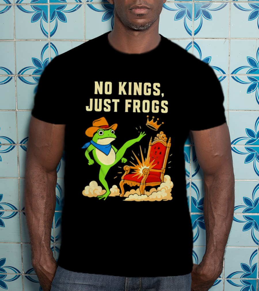 No Kings Just Frogs Portland Cowboy Frog Kicking Crown From Throne T-Shirt