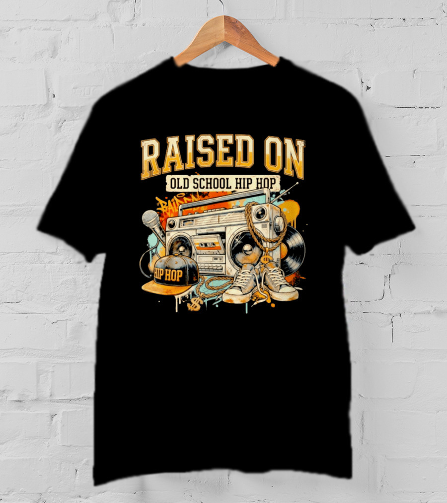 Raised On Old School Hip Hop Boombox Sneakers Microphone Cap Vinyl T-Shirt