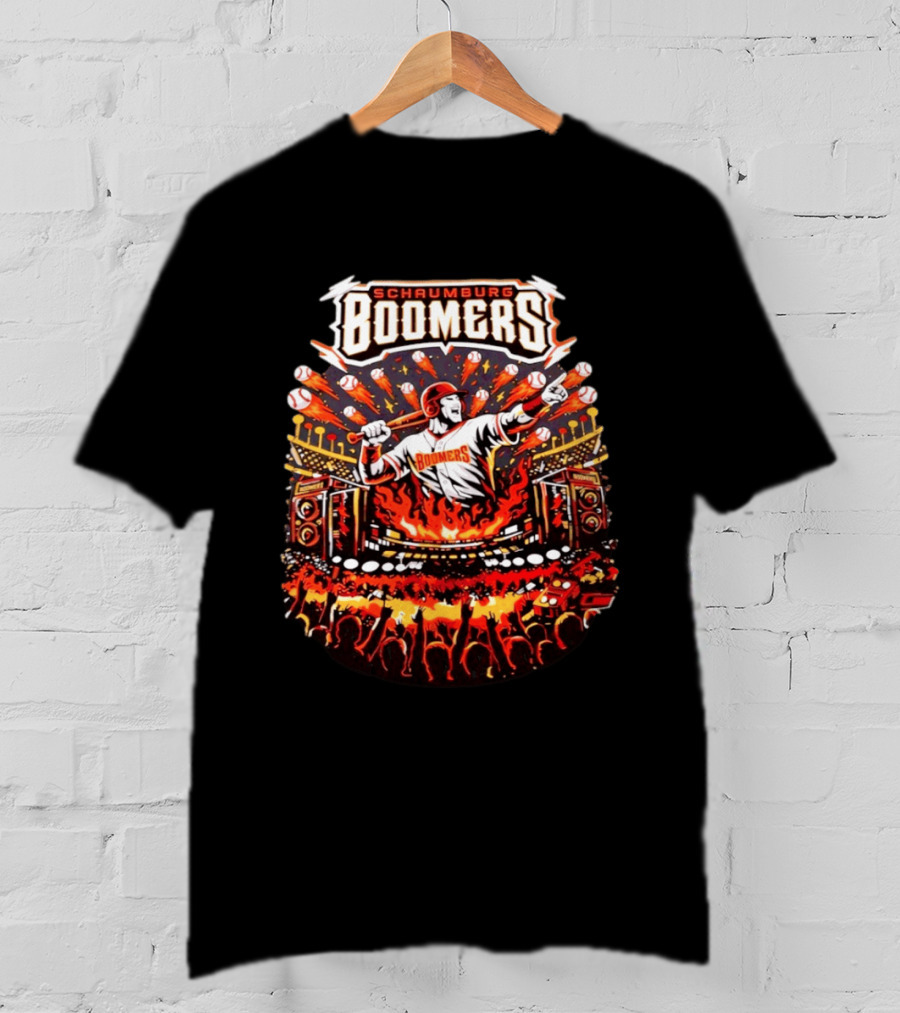 Schaumburg Boomers Flaming Baseball Batter Stadium Fireworks T-Shirt