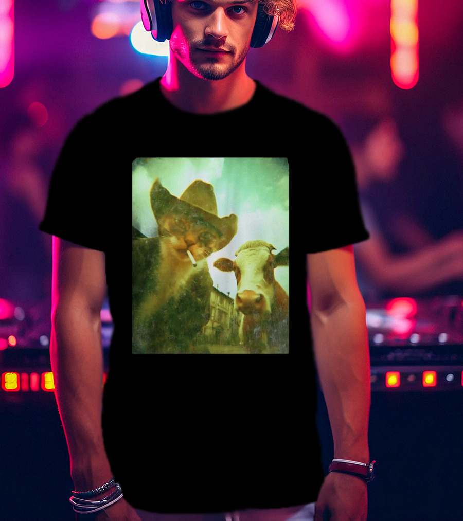Cowboy Cat Smoking With Cow T-Shirt