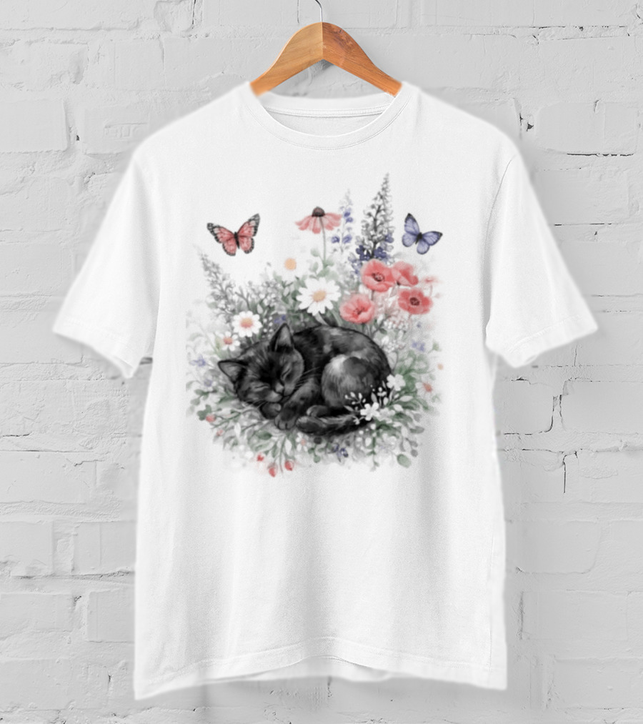 Black Cat Surrounded By Vibrant Flowers And Butterflies T-Shirt