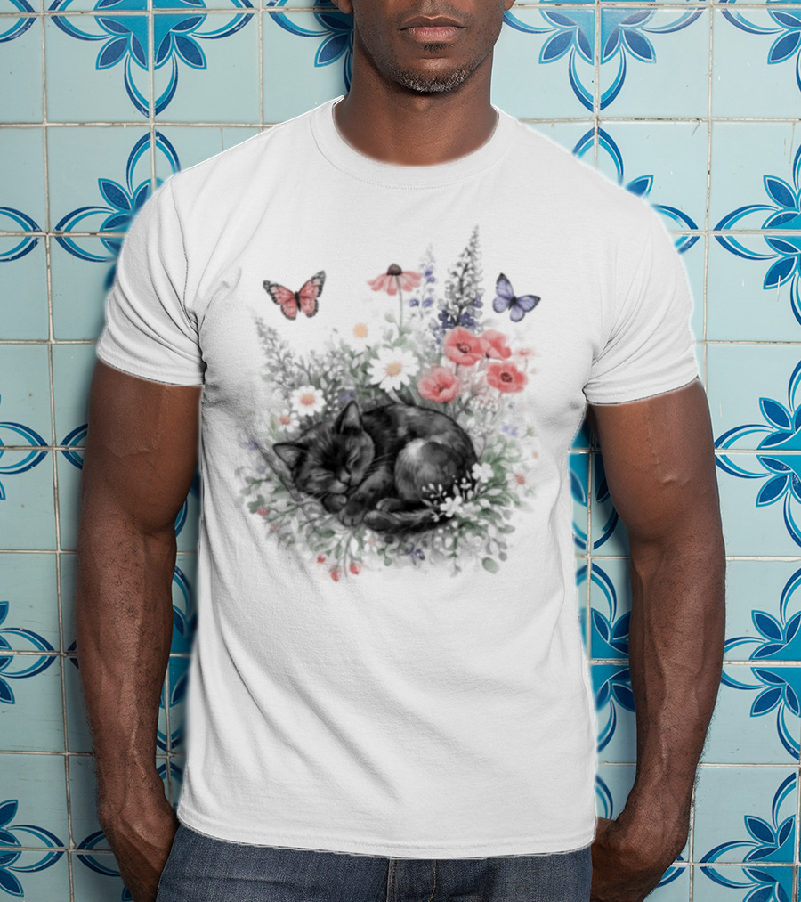 Black Cat Surrounded By Vibrant Flowers And Butterflies T-Shirt