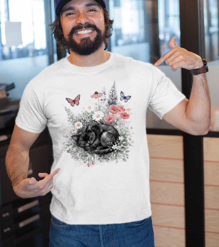 Black Cat Surrounded By Vibrant Flowers And Butterflies T-Shirt