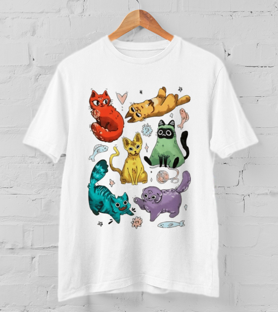 Whimsical Colorful Cats And Rainbow Hearts Collage T-Shirt