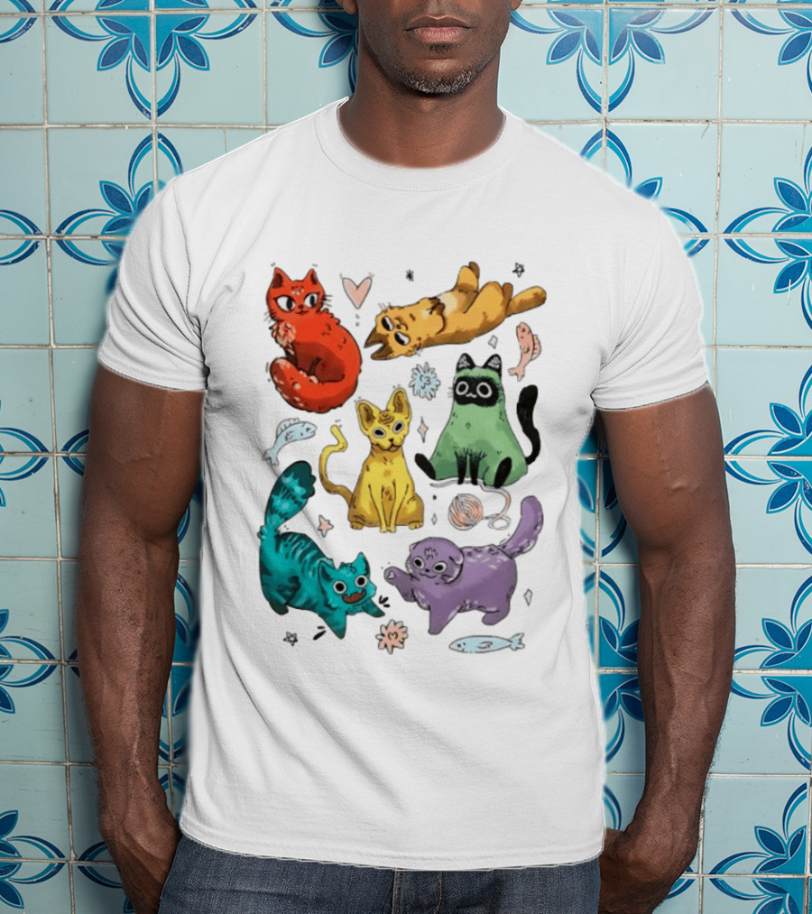 Whimsical Colorful Cats And Rainbow Hearts Collage T-Shirt