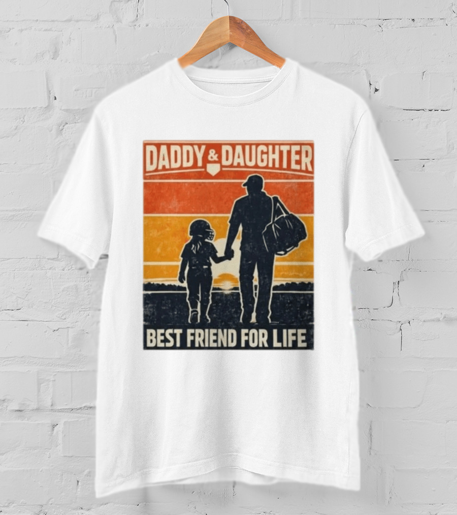 Daddy & Daughter Best Friend For Life Baseball Softball Silhouette Retro Sunset T-Shirt