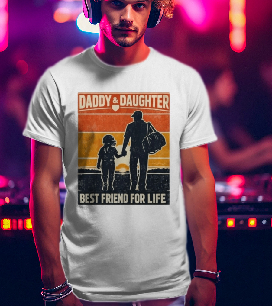 Daddy & Daughter Best Friend For Life Baseball Softball Silhouette Retro Sunset T-Shirt