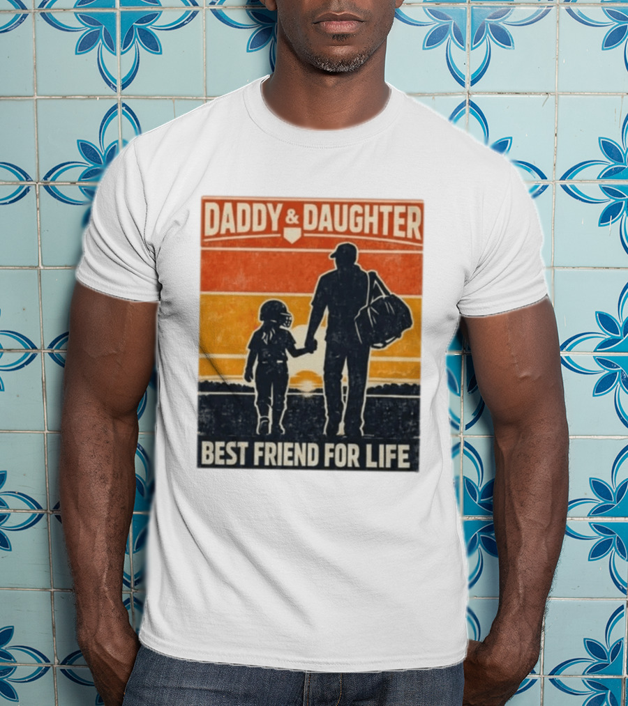 Daddy & Daughter Best Friend For Life Baseball Softball Silhouette Retro Sunset T-Shirt