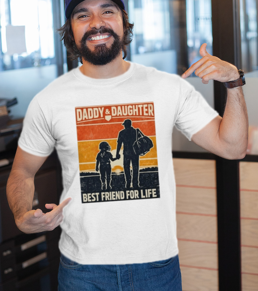 Daddy & Daughter Best Friend For Life Baseball Softball Silhouette Retro Sunset T-Shirt