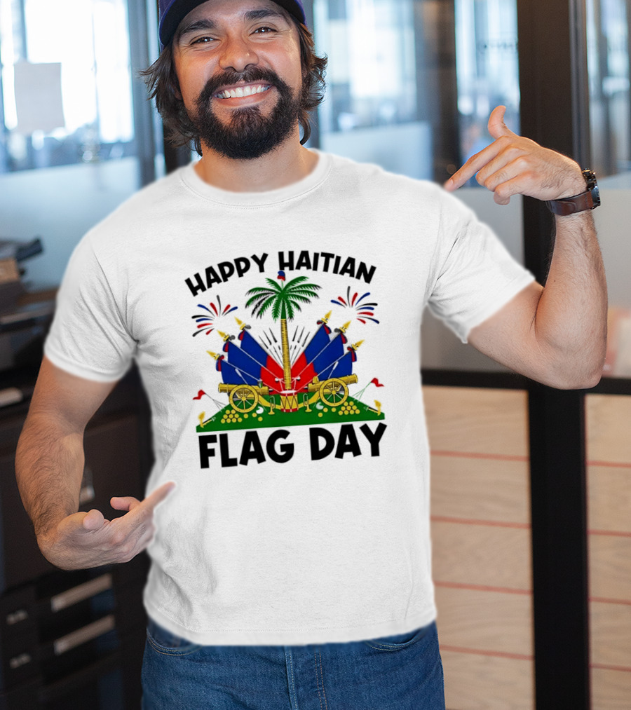 Happy Haitian Flag Day Coat Of Arms Palm Tree Cannons Fireworks Celebration T-Shirt