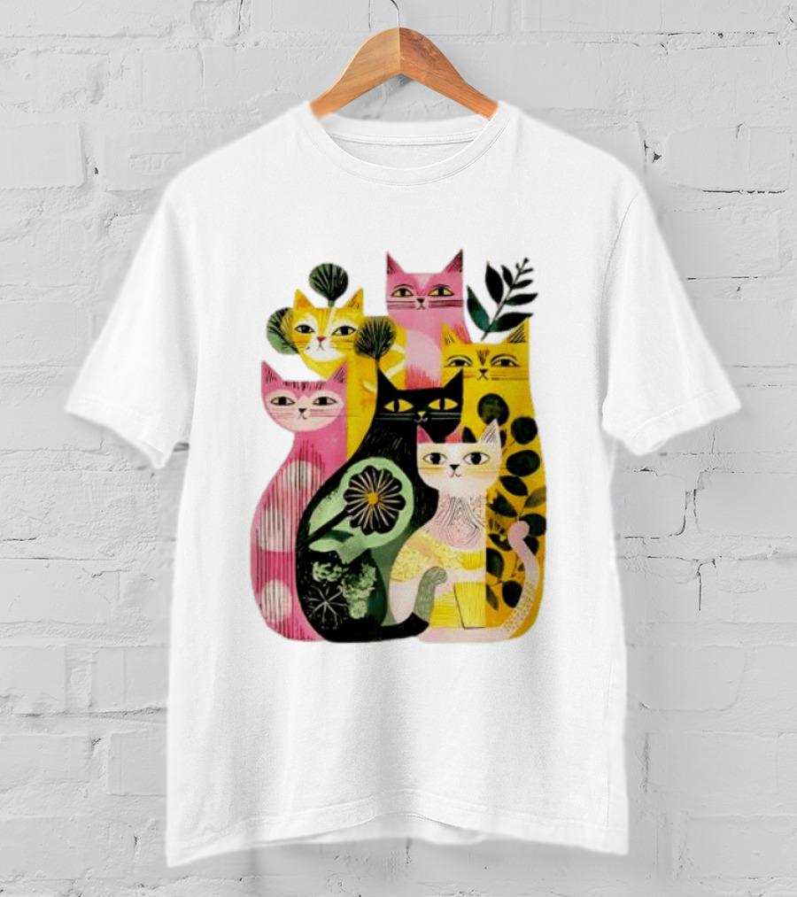 Vibrant Stylized Cats Botanical Foliage Whimsical T-Shirt