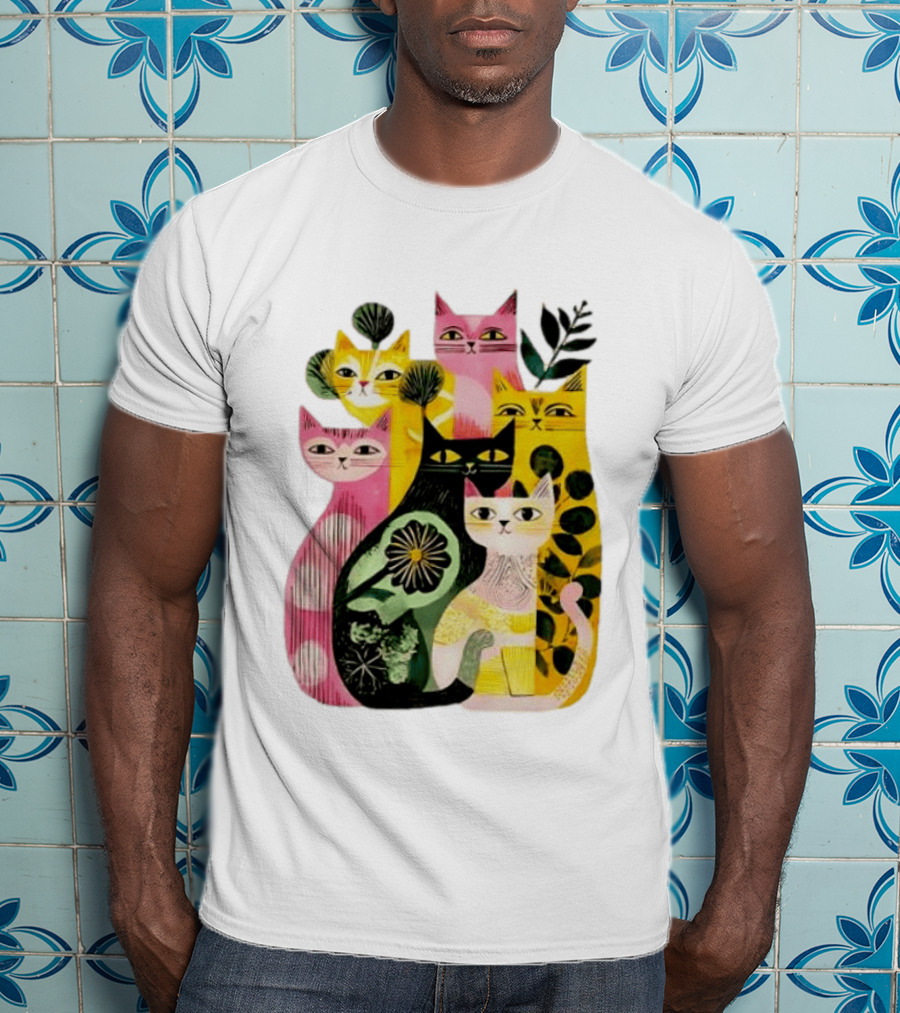 Vibrant Stylized Cats Botanical Foliage Whimsical T-Shirt