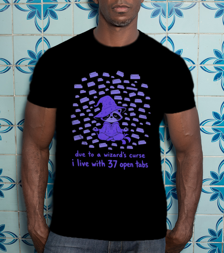 Due To A Wizard's Curse I Live With 37 Open Tabs Raccoon Meditation Magic Hat T-Shirt