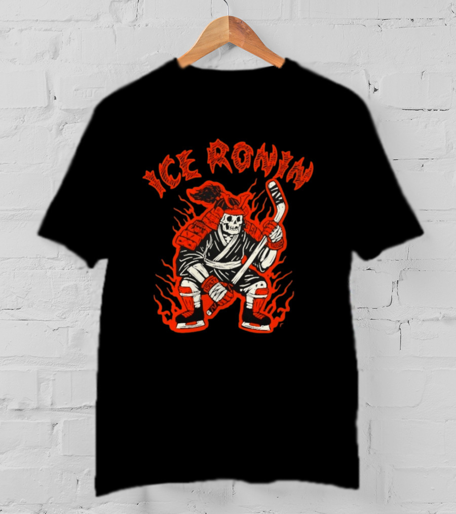 Ice Ronin Samurai Skull Hockey Stick Flames T-Shirt