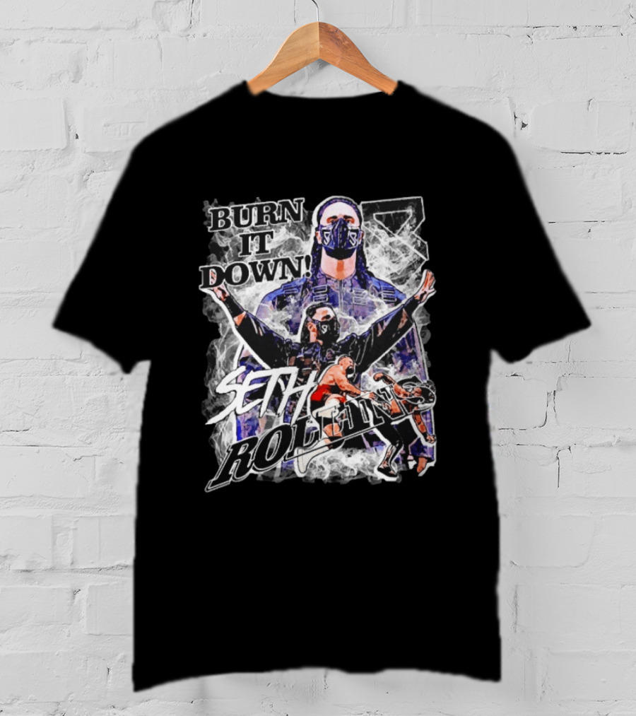 Seth Rollins Burn It Down Wrestling Action Fighter Masked Champion T-Shirt