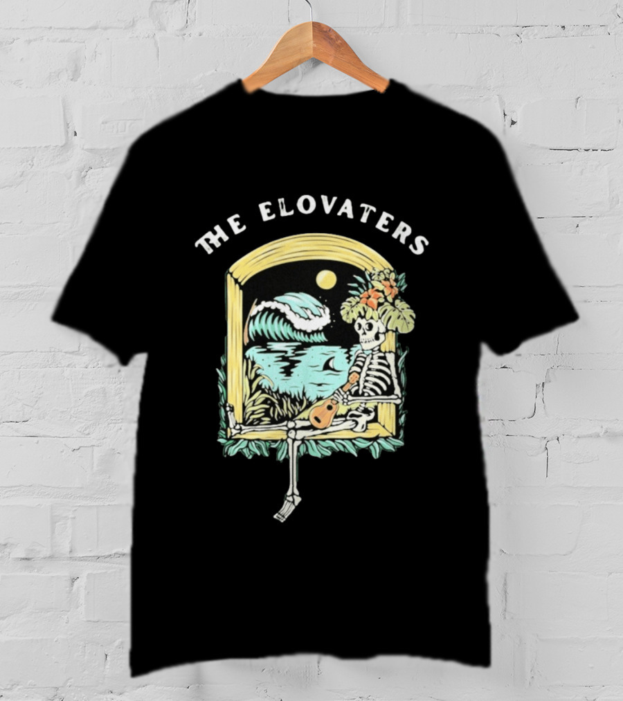 The Elovaters Endless Summer Skeleton Surfing Ukulele Moonlight Scene T-Shirt