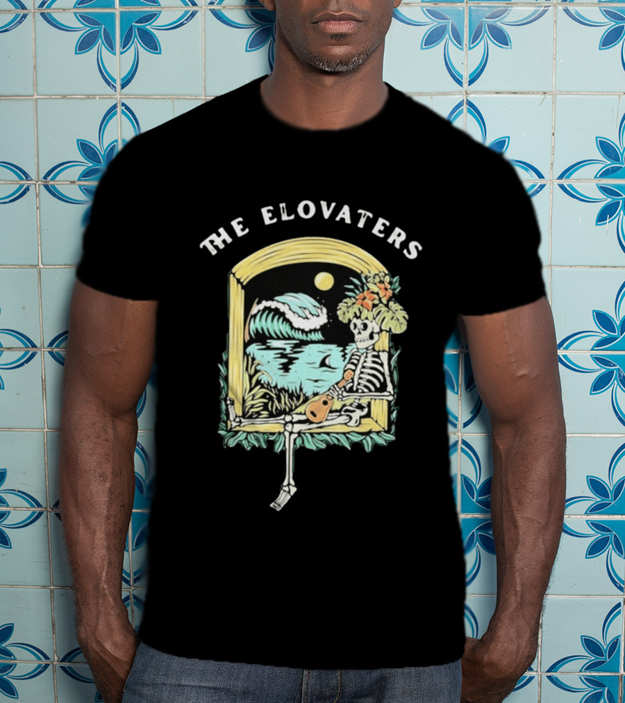 The Elovaters Endless Summer Skeleton Surfing Ukulele Moonlight Scene T-Shirt