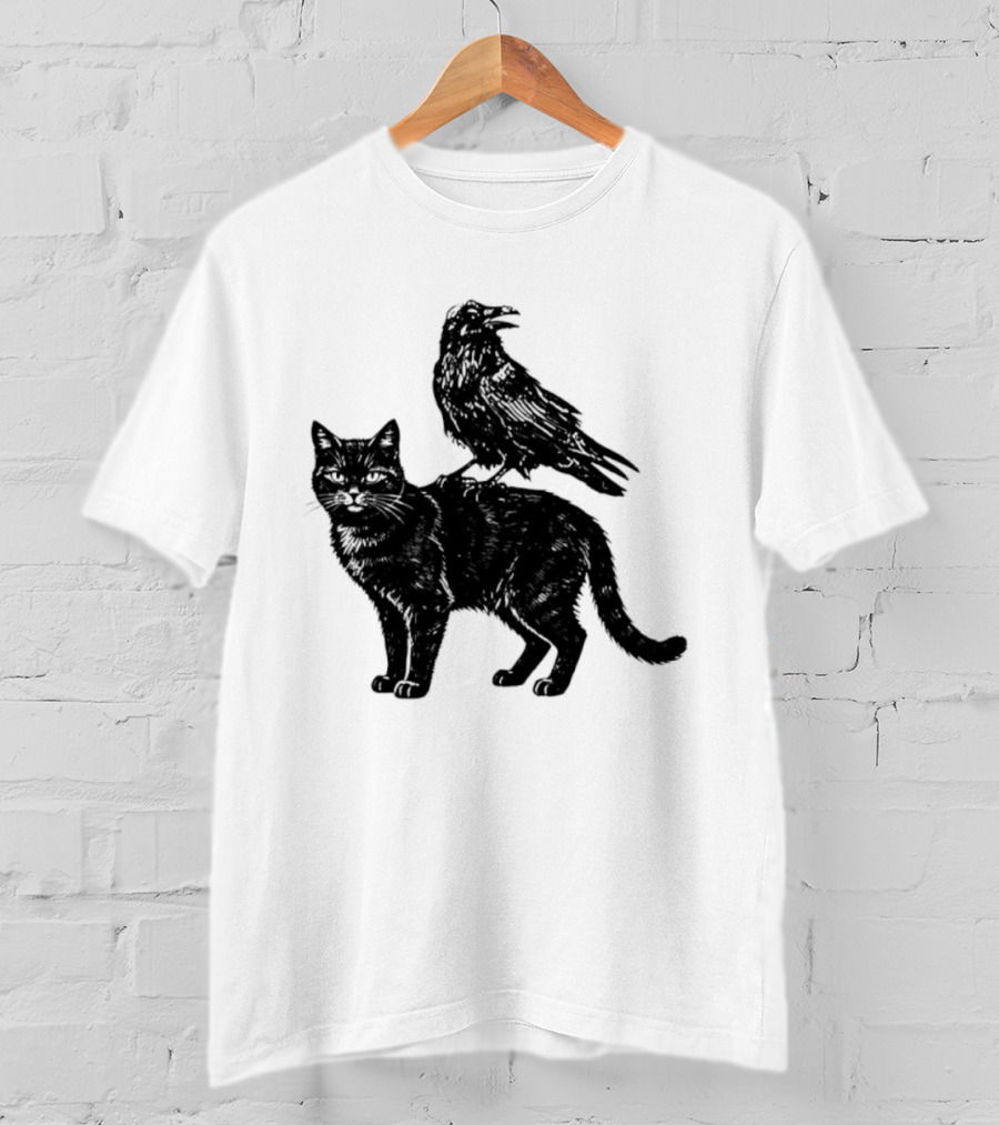 Black Cat And Raven Silhouette Duo T-Shirt