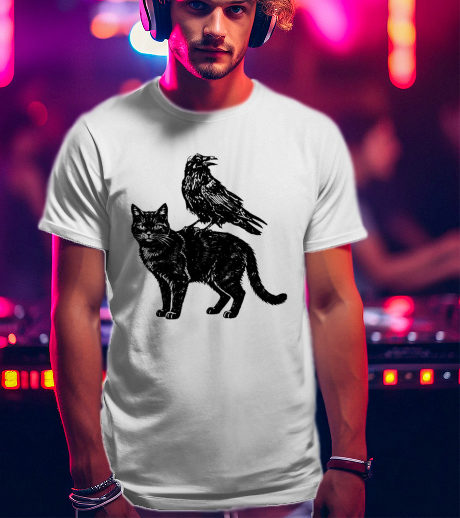Black Cat And Raven Silhouette Duo T-Shirt