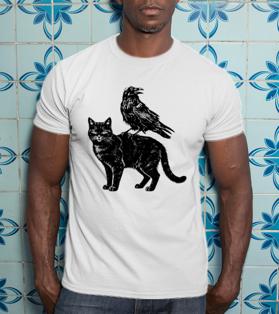 Black Cat And Raven Silhouette Duo T-Shirt