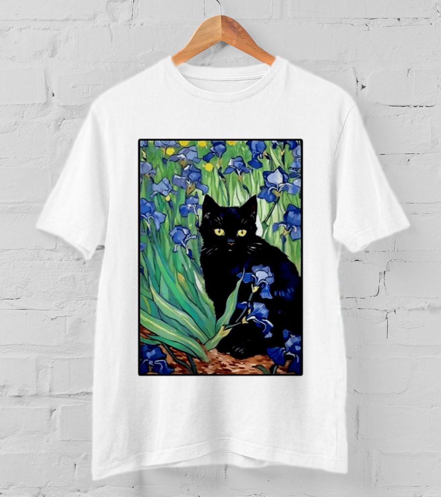 Black Cat With Van Gogh Irises Painting T-Shirt