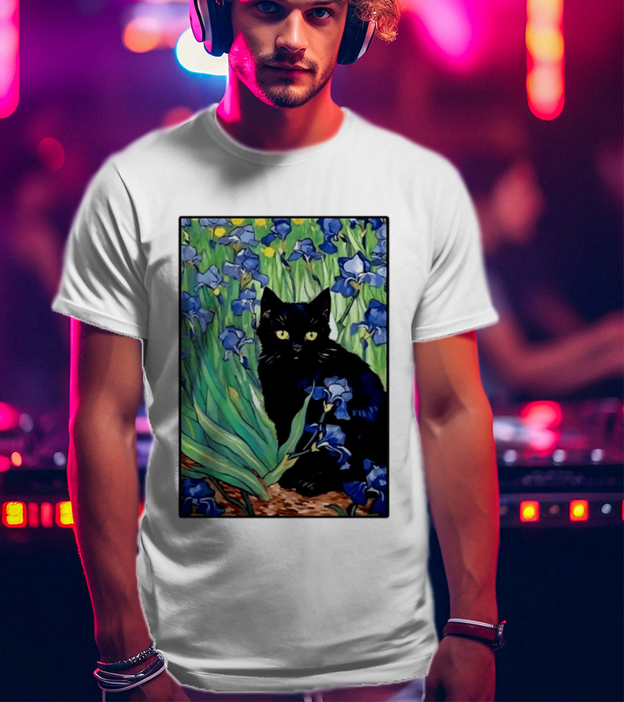 Black Cat With Van Gogh Irises Painting T-Shirt