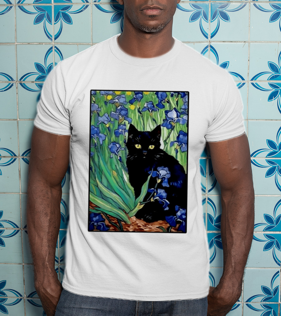 Black Cat With Van Gogh Irises Painting T-Shirt