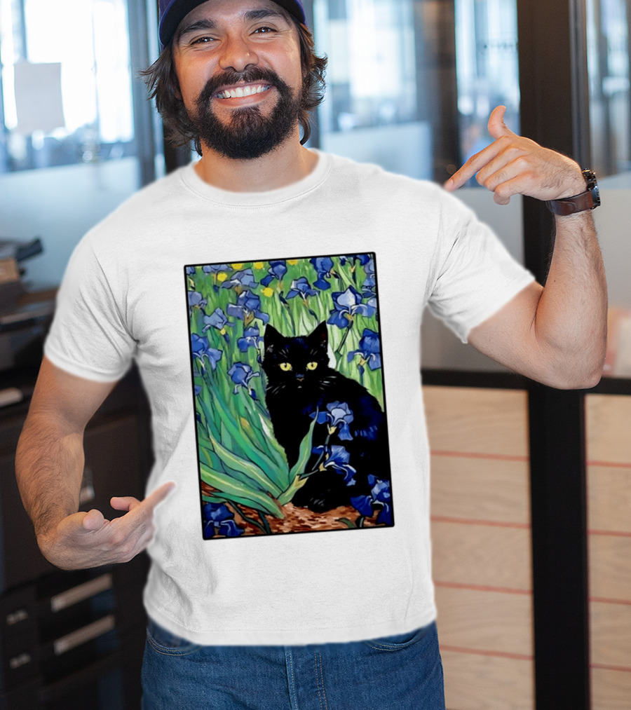 Black Cat With Van Gogh Irises Painting T-Shirt
