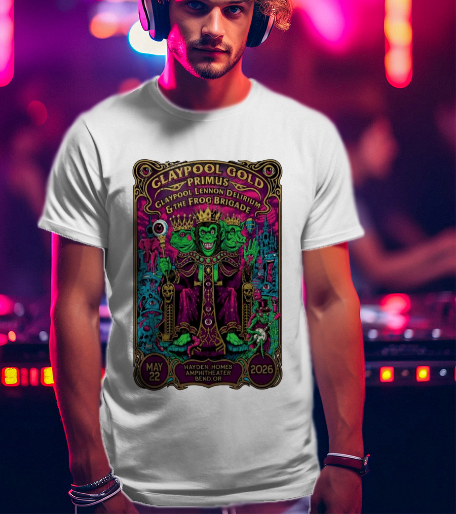 Claypool Gold Primus Claypool Lennon Delirium And The Frog Brigade Hayden Homes Amphitheater Bend Oregon May 22 2026 Gig T-Shirt