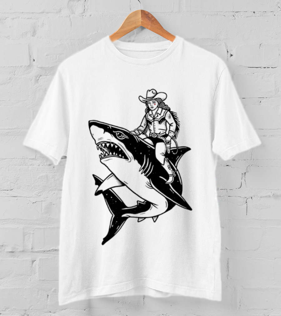 Cowgirl Riding Shark Novelty T-Shirt