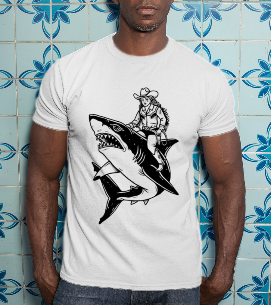 Cowgirl Riding Shark Novelty T-Shirt